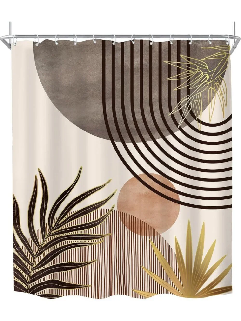 Mid Century Boho Abstract Gray & Brown Shower Curtain Set for Modern Bathrooms